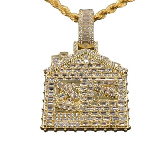 14K Yellow Gold Finish Baguette CZ Trap House - Free 24" x 3mm Rope Chain. - Picture 2 of 9
